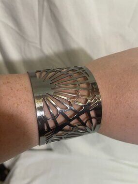 Silver Tone Abstract Geometric Cutout Wide Open Cuff Bracelet 3”